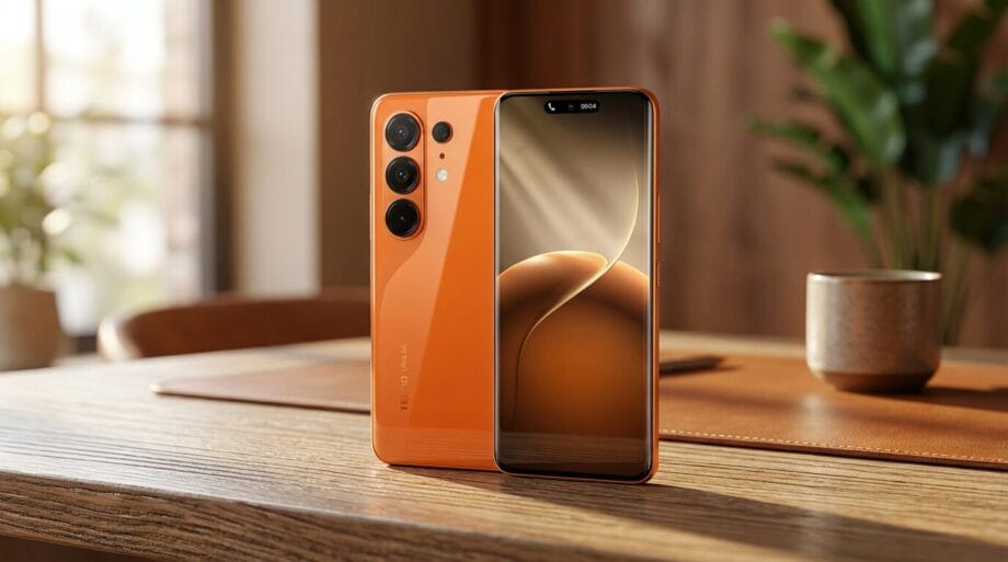 An orange smartphone with triple rear cameras is displayed on a wooden table in a sunlit room, next to a plant and a cup.