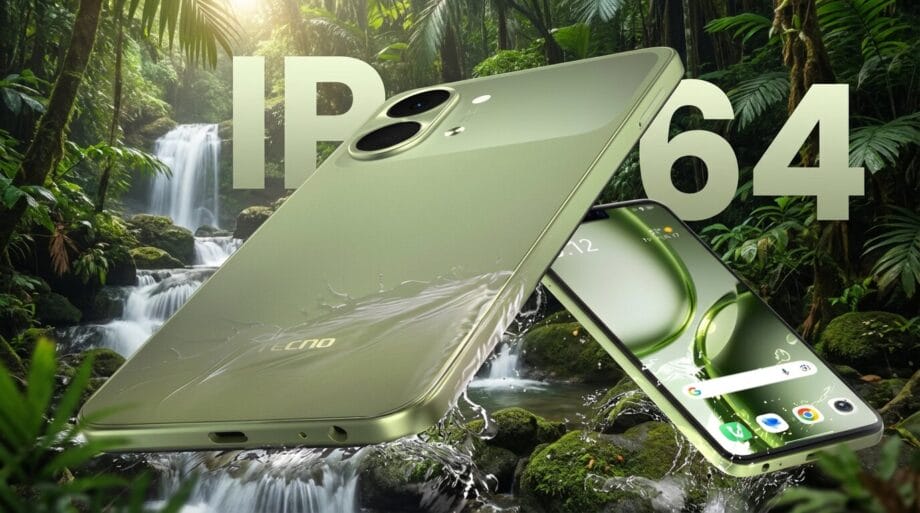 Two green smartphones displayed in a lush jungle setting with IP64 text, emphasizing water and dust resistance.