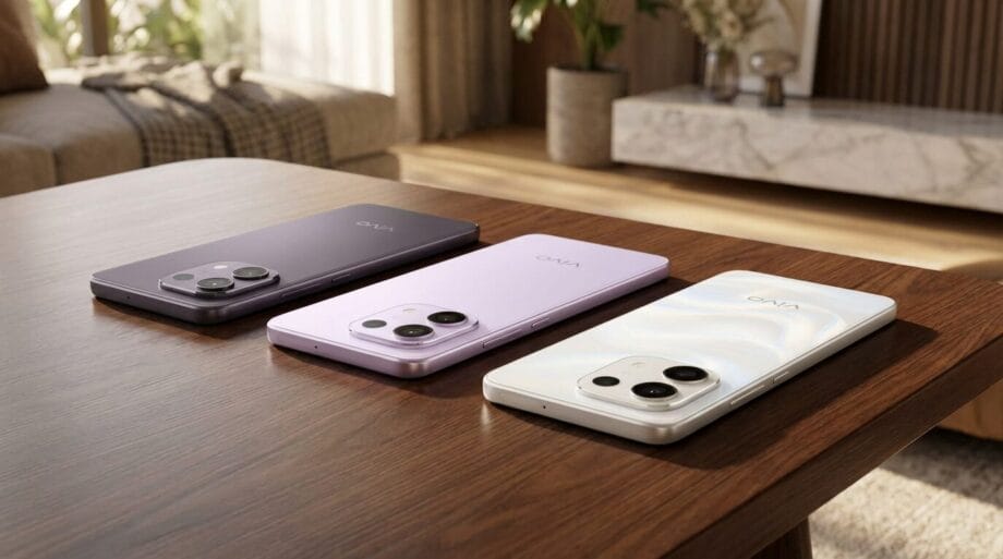 Three Vivo smartphones in purple, lavender, and white are displayed on a wooden table in a well-lit room.