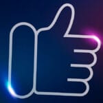 A white outline of a thumbs-up hand gesture on a dark gradient background with neon light effects.