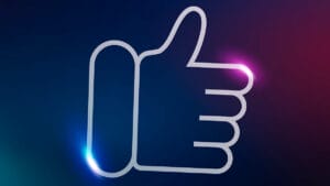 A white outline of a thumbs-up hand gesture on a dark gradient background with neon light effects.