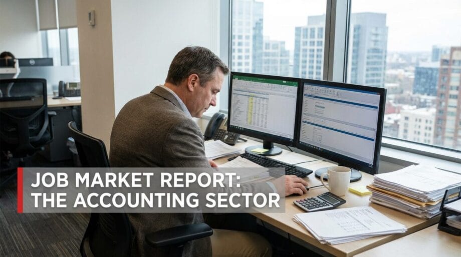 Man working at a desk with multiple monitors displaying spreadsheets; text overlay reads Job Market Report: The Accounting Sector.