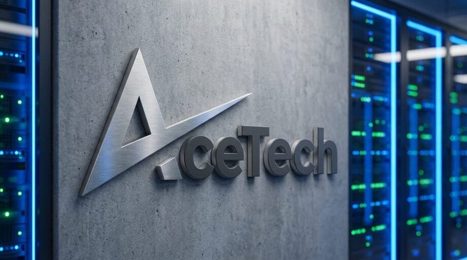 Metallic AceTech logo on a concrete wall next to illuminated server racks in a modern data center environment.