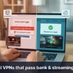 Split-screen image showing a laptop with a suspicious bank login alert and a laptop with a secure home login, highlighting VPN IP check features.