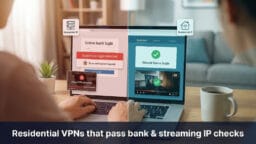 Split-screen image showing a laptop with a suspicious bank login alert and a laptop with a secure home login, highlighting VPN IP check features.