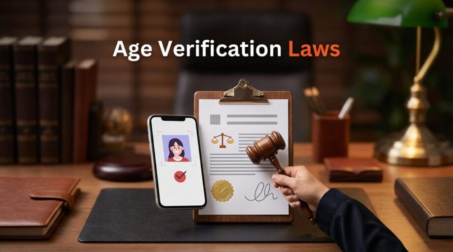 A judge&rsquo;s hand holds a gavel next to legal documents and a smartphone showing an ID in an office, with the text Age Verification Laws.