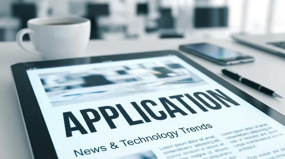 Tablet displaying the word APPLICATION with News Technology Trends below; coffee cup, phone, and pen in the background.