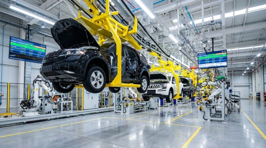 Several cars are suspended on an automated assembly line in a brightly lit automotive manufacturing plant.