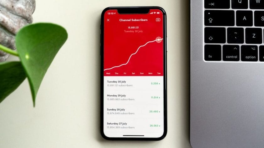 A smartphone displaying a Youtube subscriber growth chart and numbers, next to a laptop and a green plant on a white surface.