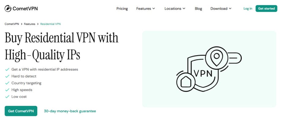 CometVPN webpage promoting residential VPN with high-quality IPs, listing features and a simple VPN icon illustration on the right.