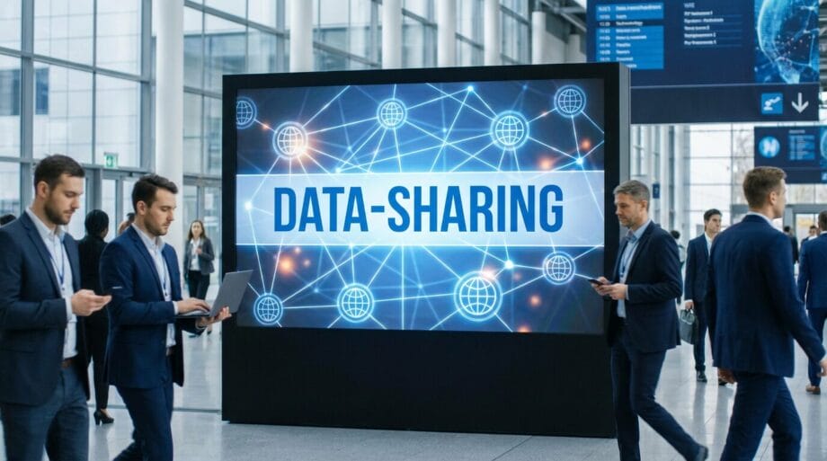 Large digital display reading DATA-SHARING in a busy, modern office or conference setting with several people walking past.