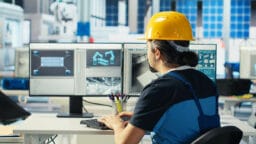Engineer wearing a yellow hard hat works at a desk with two monitors displaying technical and structural diagrams in an office setting.