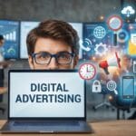 Man behind laptop displaying Digital Advertising with marketing icons; office setting with coworkers and data screens in background.