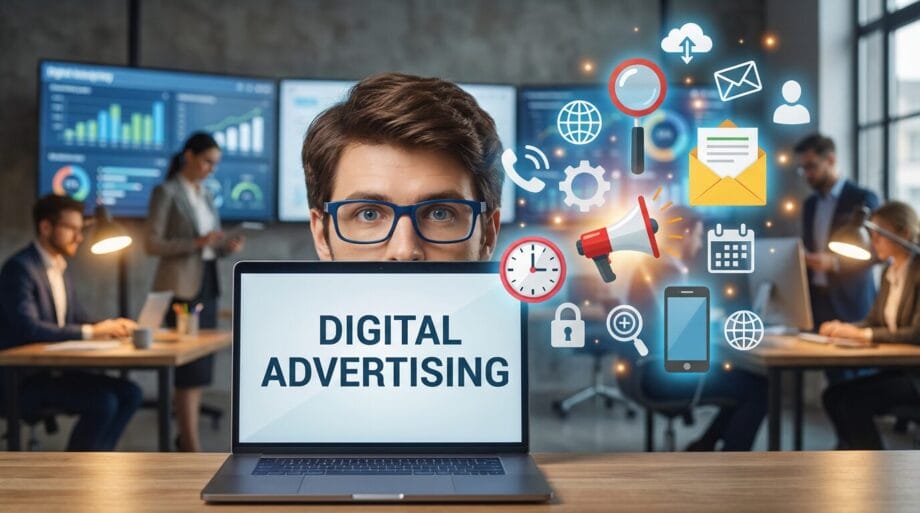 Man behind laptop displaying Digital Advertising with marketing icons; office setting with coworkers and data screens in background.