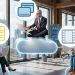 Three people work on laptops while sitting on cloud icons in an office, with data and file icons represented as floating graphics.