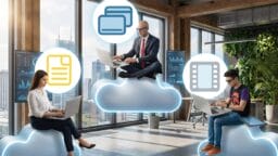 Three people work on laptops while sitting on cloud icons in an office, with data and file icons represented as floating graphics.