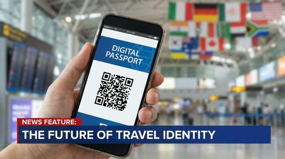 A person holds a smartphone displaying a digital passport with a QR code in an airport terminal with international flags.