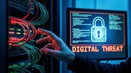 A person adjusts network cables in a server room; a nearby monitor displays a digital padlock and the words DIGITAL THREAT.