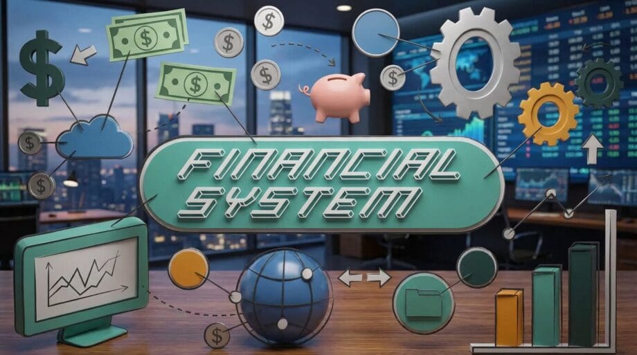 Illustration of financial system elements, including money, charts, gears, piggy bank, and digital screens in an office setting.