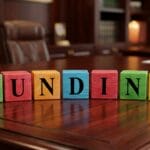 Colorful wooden blocks spelling FUNDING are arranged on a polished wooden office table with chairs and shelves in the background.