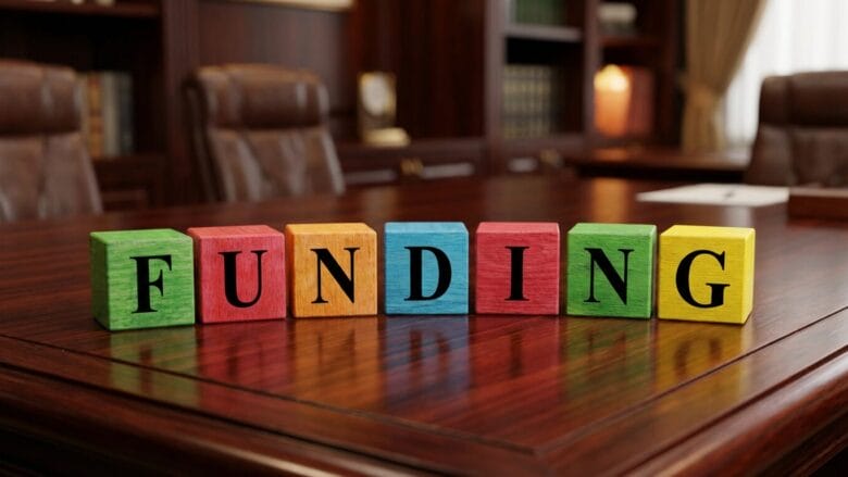 Colorful wooden blocks spelling FUNDING are arranged on a polished wooden office table with chairs and shelves in the background.