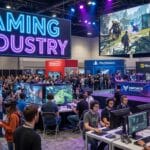 Crowds gather at a gaming industry expo with people playing games, watching tournaments, and booths for major gaming companies.