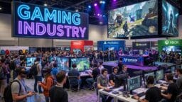 Crowds gather at a gaming industry expo with people playing games, watching tournaments, and booths for major gaming companies.