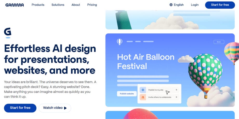 A website homepage promoting AI design tools shows bright colors, hot air balloons, and calls-to-action like Start for free and Watch video.