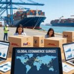 People work on laptops with charts at a port, surrounded by shipping boxes; a screen reads Global Ecommerce Surges.
