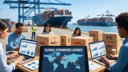 People work on laptops with charts at a port, surrounded by shipping boxes; a screen reads Global Ecommerce Surges.