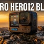 GoPro HERO12 Black camera on a rocky surface outdoors at sunset, with mountains and sky in the background.