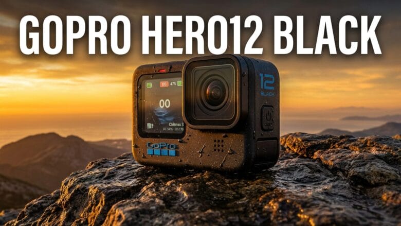GoPro HERO12 Black camera on a rocky surface outdoors at sunset, with mountains and sky in the background.