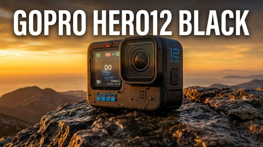 GoPro HERO12 Black camera on a rocky surface outdoors at sunset, with mountains and sky in the background.