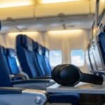 A pair of black headphones rests on the open tray table of an empty airplane seat in the cabin.