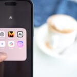 A hand holds a smartphone displaying a folder labeled AI with various artificial intelligence app icons visible on the screen.