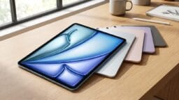 A stack of five tablet devices in different colors is displayed on a wooden desk, with one tablet screen turned on showing a blue abstract design.