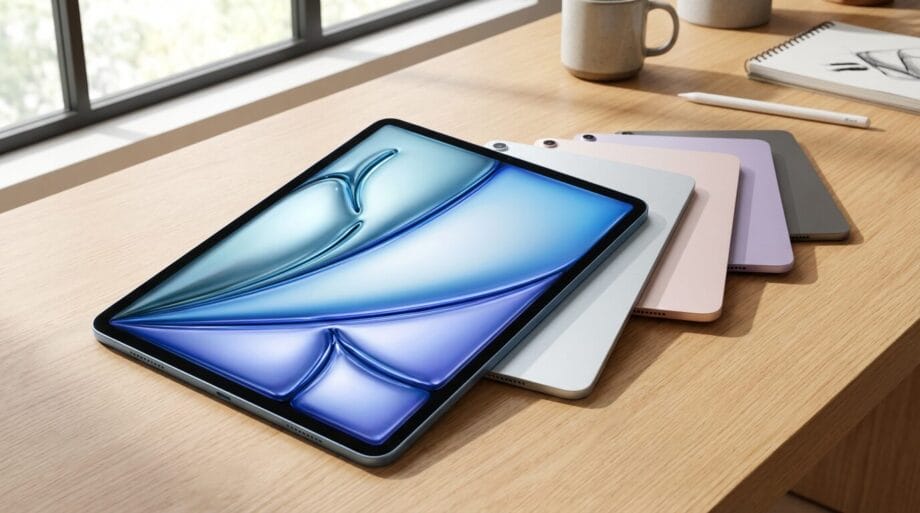 A stack of five tablet devices in different colors is displayed on a wooden desk, with one tablet screen turned on showing a blue abstract design.