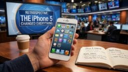 A person holds an iPhone 5 in a newsroom with a TV displaying “Retrospective: The iPhone 5 Changed Everything” in the background.