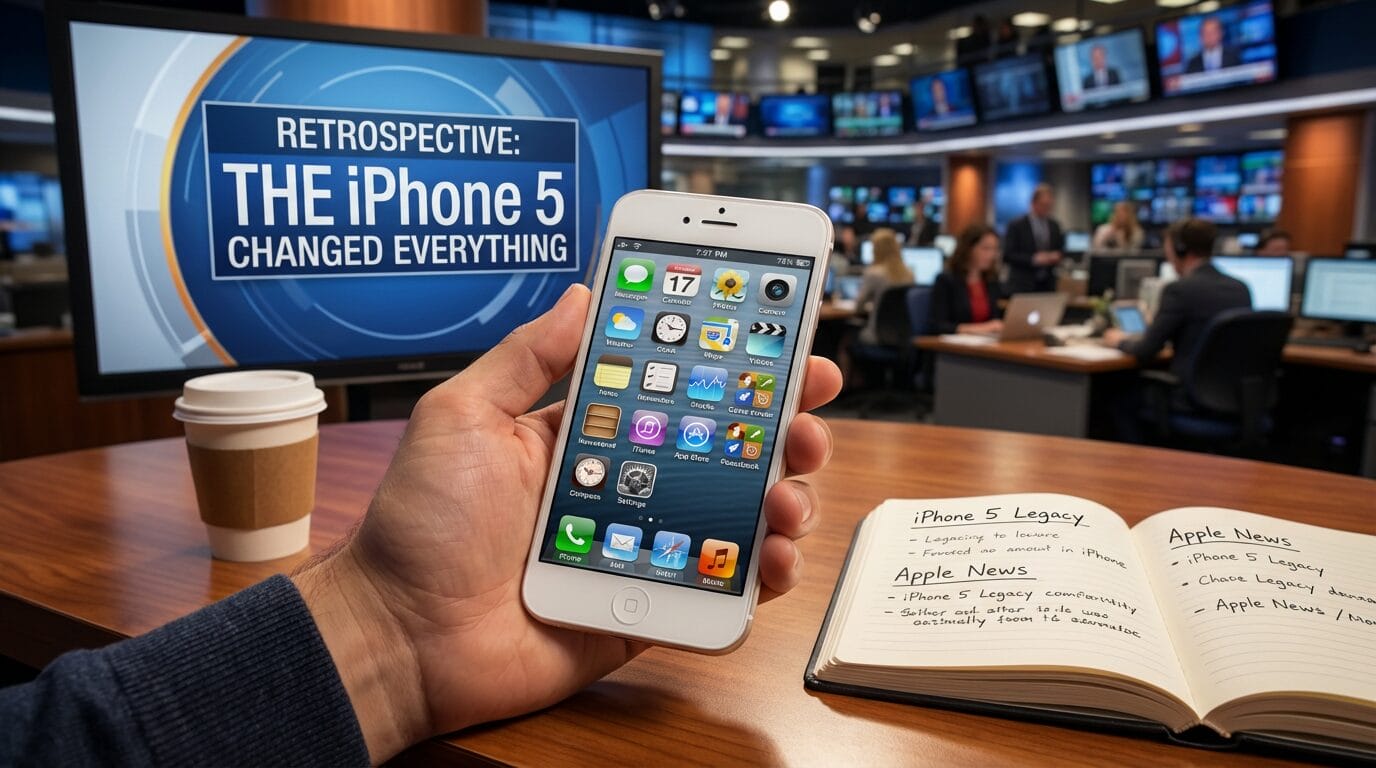 A person holds an iPhone 5 in a newsroom with a TV displaying “Retrospective: The iPhone 5 Changed Everything” in the background.