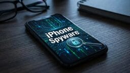 A smartphone on a desk displays iPhone Spyware with a lock and magnifying glass graphic, next to glasses and a notebook.