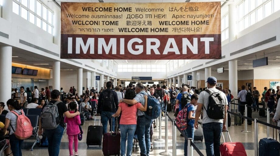 Crowded airport terminal with people in line beneath a large IMMIGRANT banner and multiple Welcome Home signs in various languages.