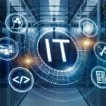 A digital graphic with IT at the center, surrounded by technology icons, is overlaid on a server room background.
