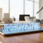 A tablet on an office desk displays the word INNOVATIVE in glowing blue letters, with a robotic arm in the background.