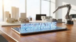 A tablet on an office desk displays the word INNOVATIVE in glowing blue letters, with a robotic arm in the background.