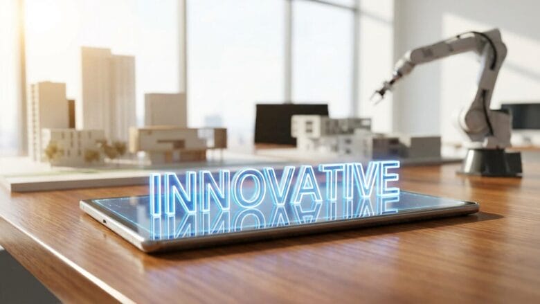 A tablet on an office desk displays the word INNOVATIVE in glowing blue letters, with a robotic arm in the background.