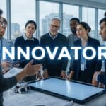 A diverse group of professionals gathers around a digital table in a modern office with the word INNOVATOR overlaid in large text.