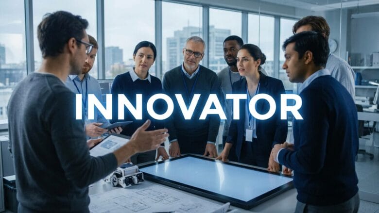 A diverse group of professionals gathers around a digital table in a modern office with the word INNOVATOR overlaid in large text.