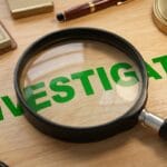 A magnifying glass over the word INVESTIGATE on a wooden desk with office supplies nearby.
