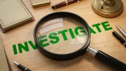 A magnifying glass over the word INVESTIGATE on a wooden desk with office supplies nearby.