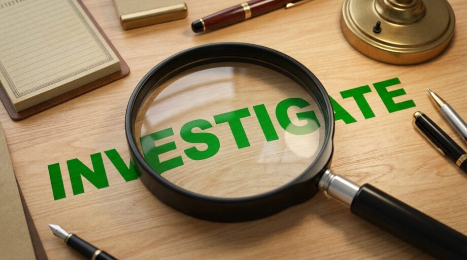 A magnifying glass over the word INVESTIGATE on a wooden desk with office supplies nearby.